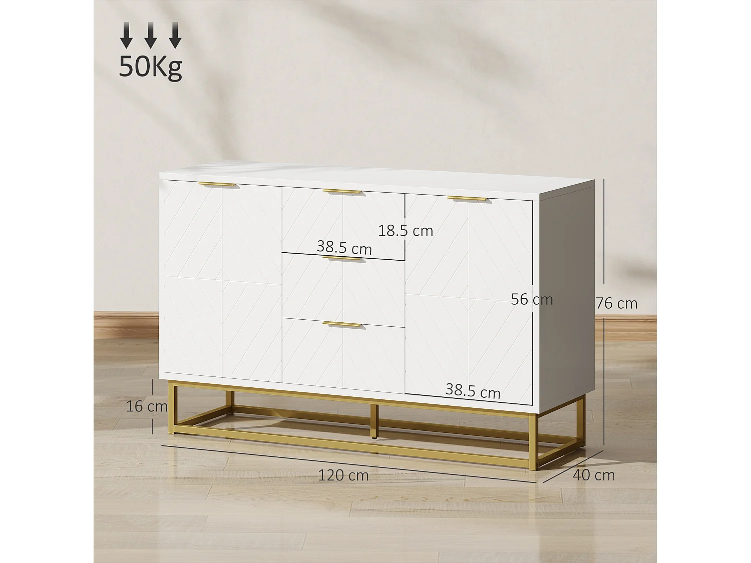 Credenza moderna bassa con 3 cassetti e 2 armadietti bianco e oro