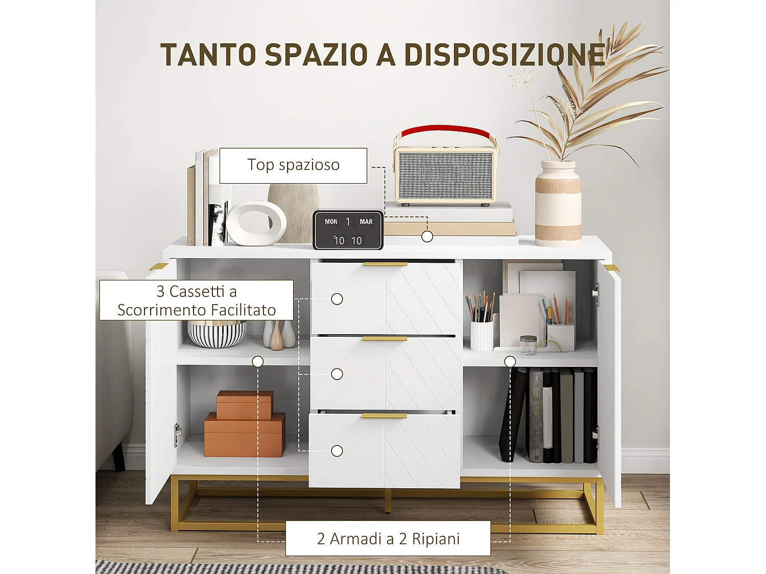 Credenza moderna bassa con 3 cassetti e 2 armadietti bianco e oro