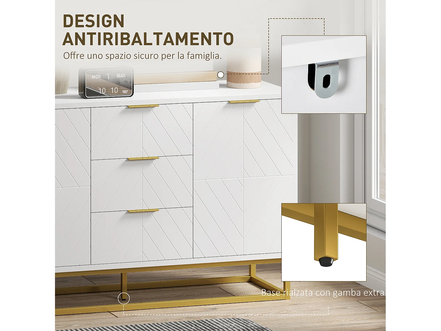 Credenza moderna bassa con 3 cassetti e 2 armadietti bianco e oro