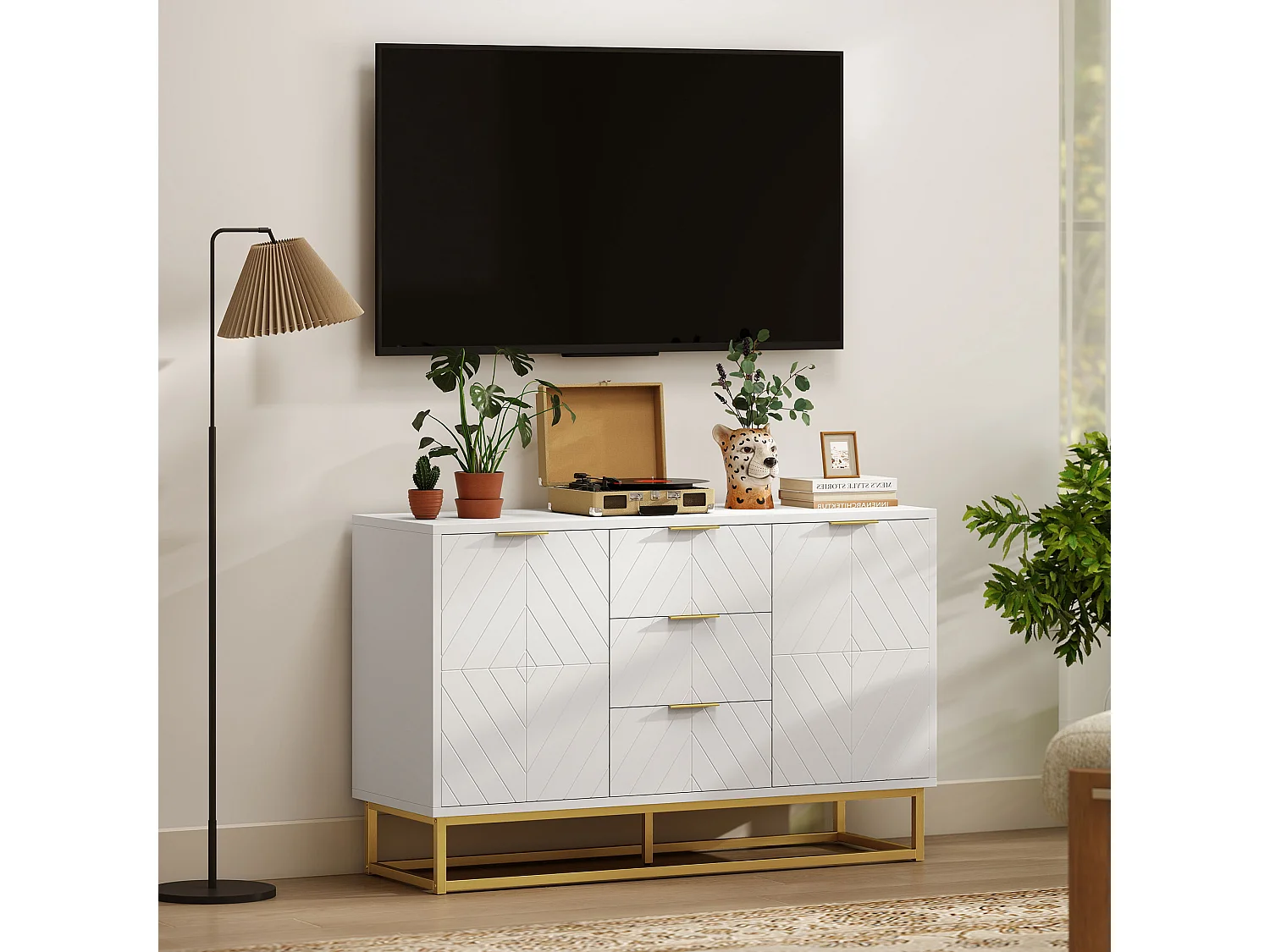 Credenza moderna bassa con 3 cassetti e 2 armadietti bianco e oro