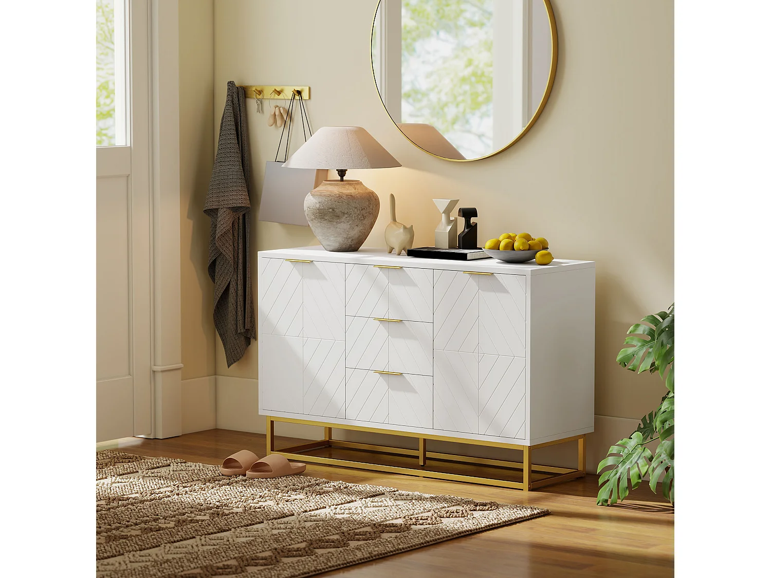 Credenza moderna bassa con 3 cassetti e 2 armadietti bianco e oro