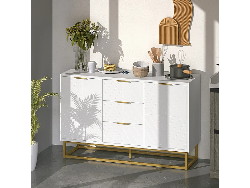 Credenza moderna bassa con 3 cassetti e 2 armadietti bianco e oro