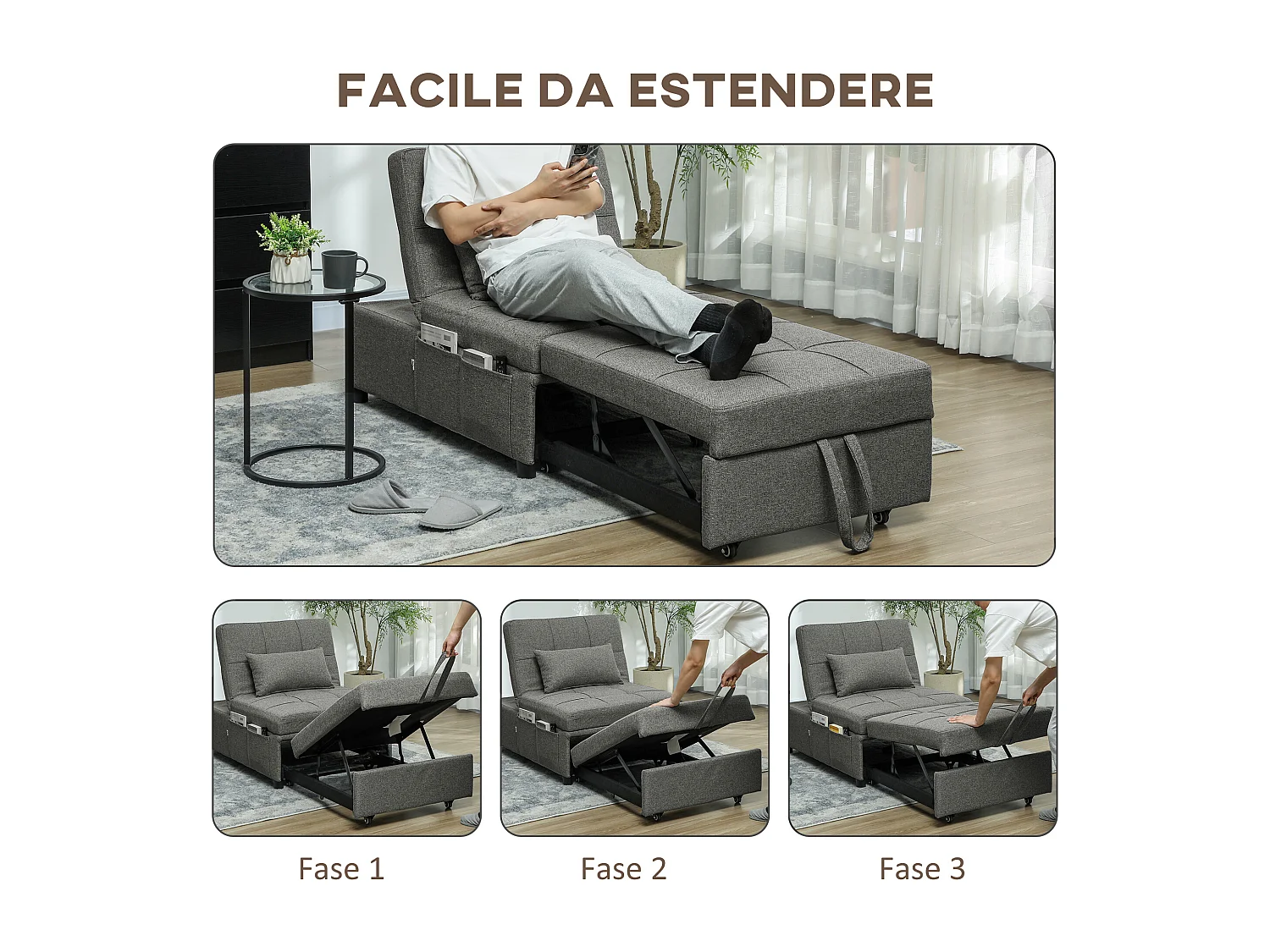 Poltrona letto singolo in con sistema clic clac grigio - Main Image