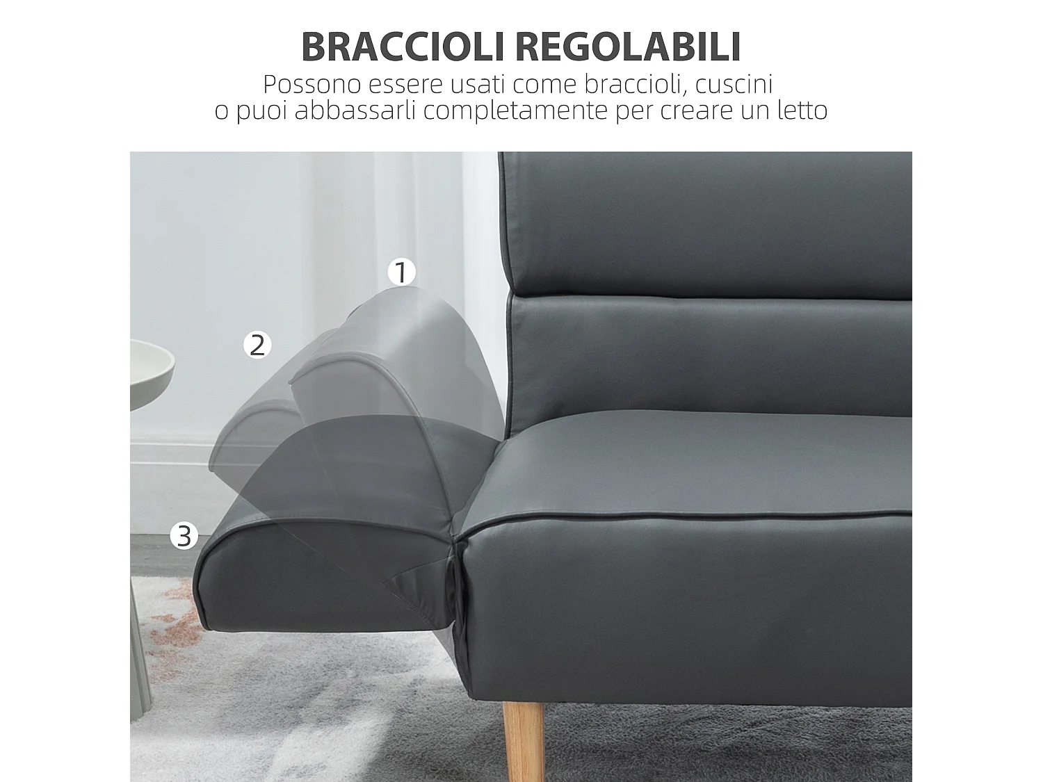 Divanetto 2  posti convertibile in divano letto singolo grigio