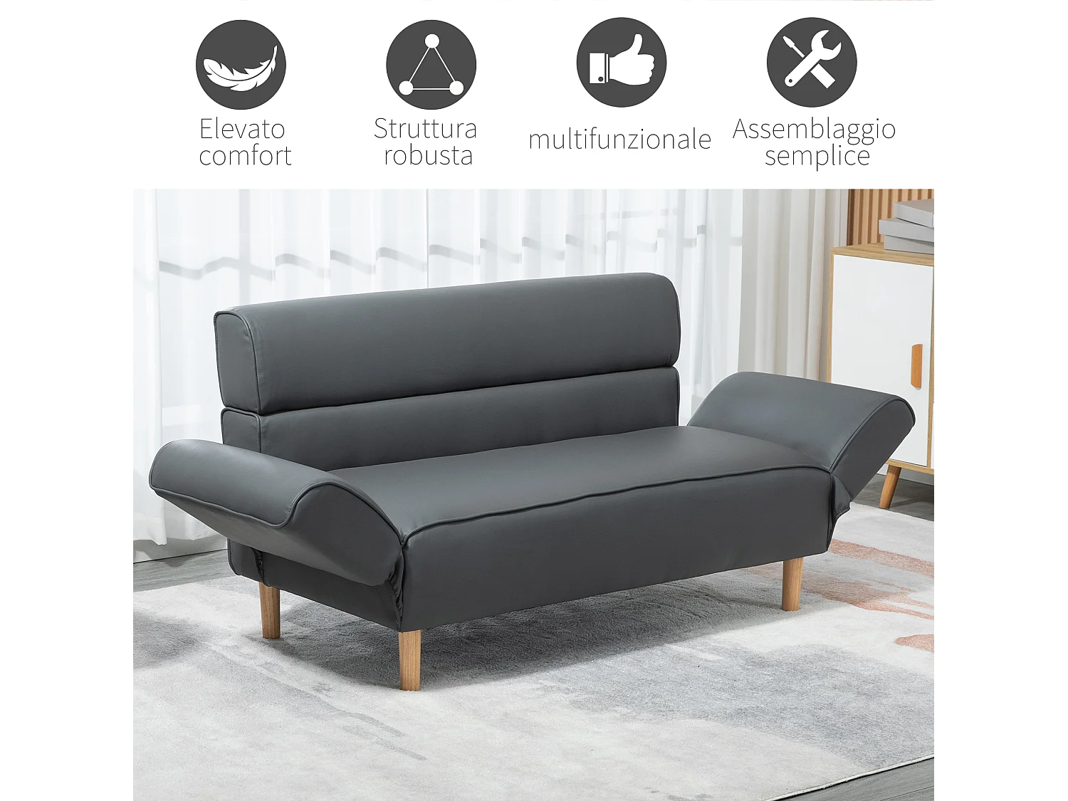 Divanetto 2  posti convertibile in divano letto singolo grigio