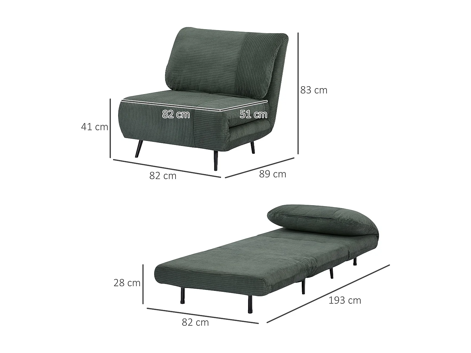 Poltrona letto 2 in 1 regolabile su 3 livelli seduta imbottita