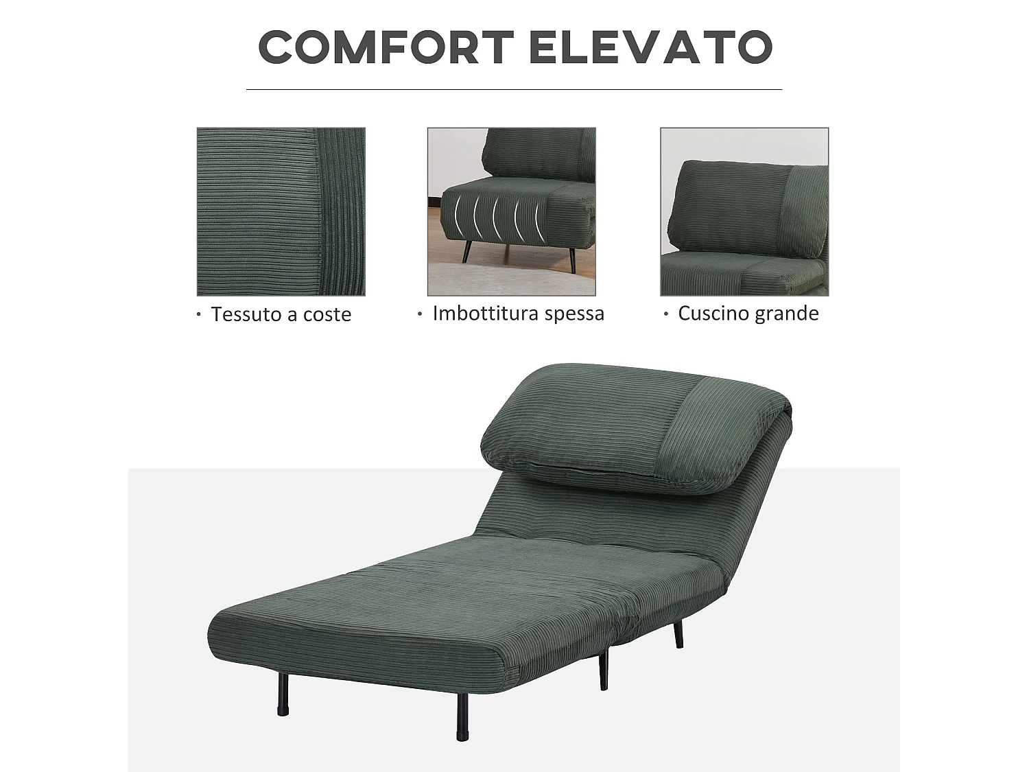 Poltrona letto 2 in 1 regolabile su 3 livelli seduta imbottita