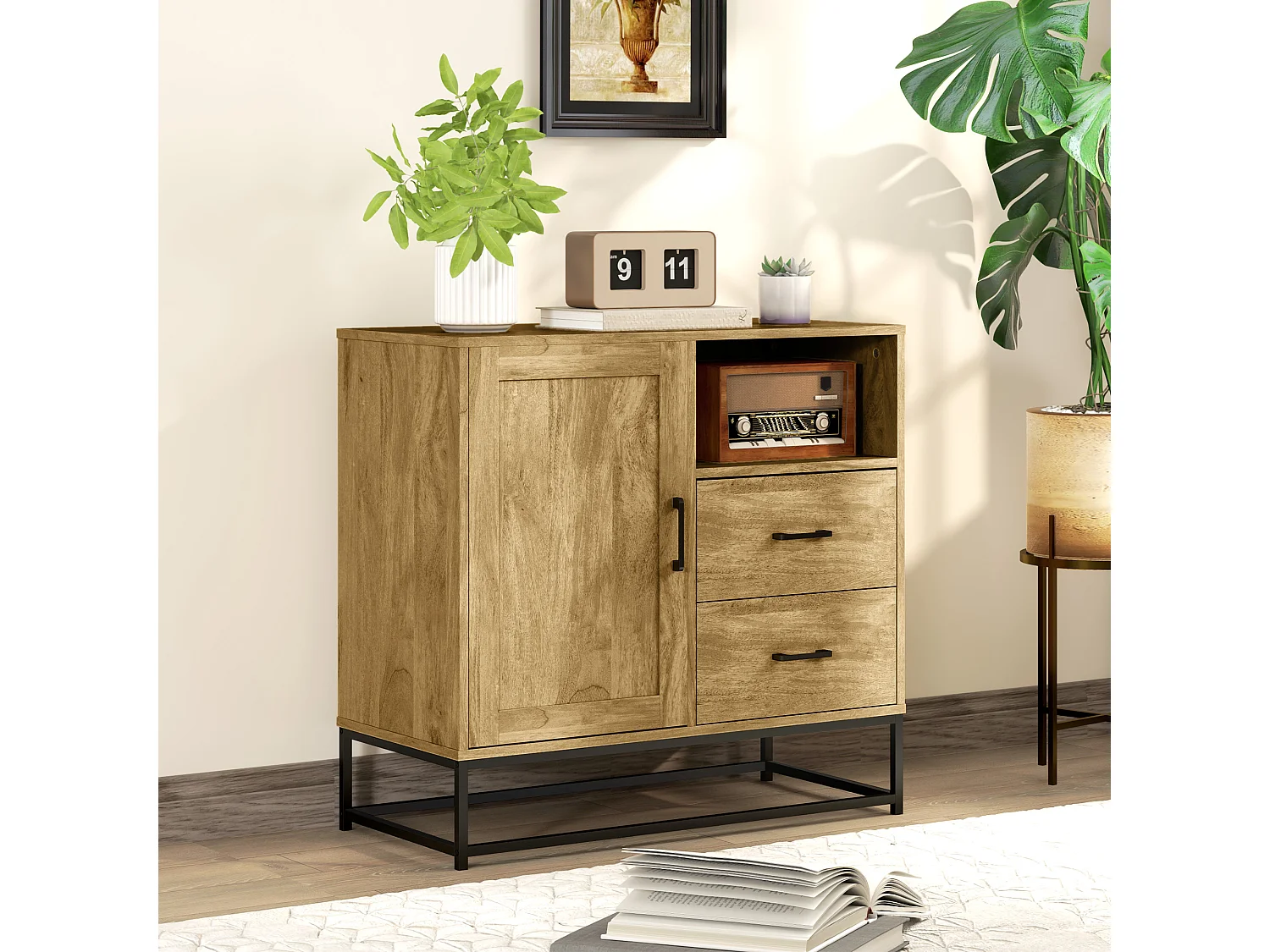 Credenza moderna con 2 cassetti, armadietto e ripiano aperto marrone