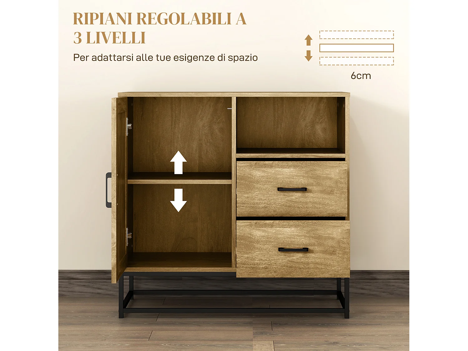 Credenza moderna con 2 cassetti, armadietto e ripiano aperto marrone