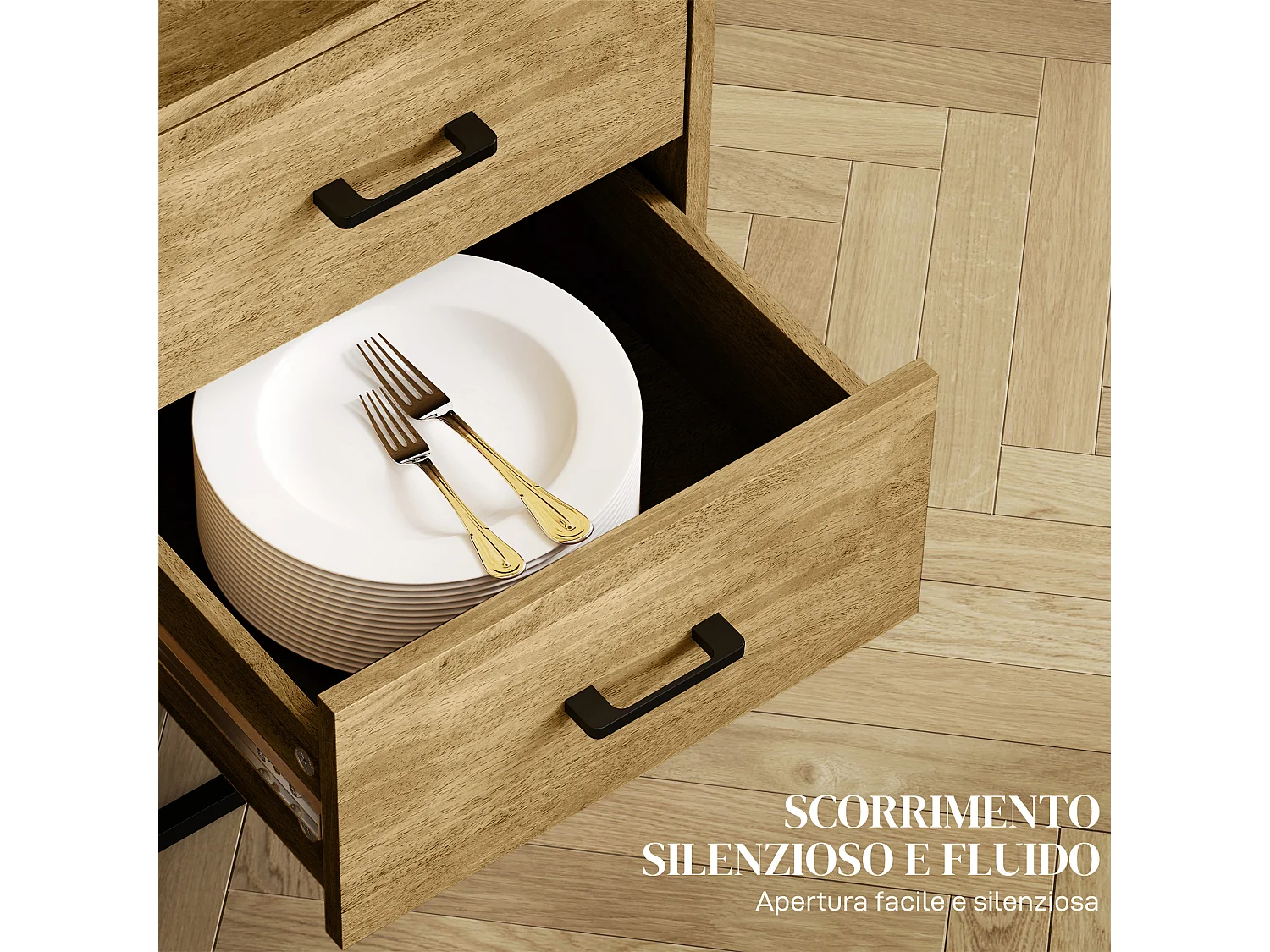 Credenza moderna con 2 cassetti, armadietto e ripiano aperto marrone