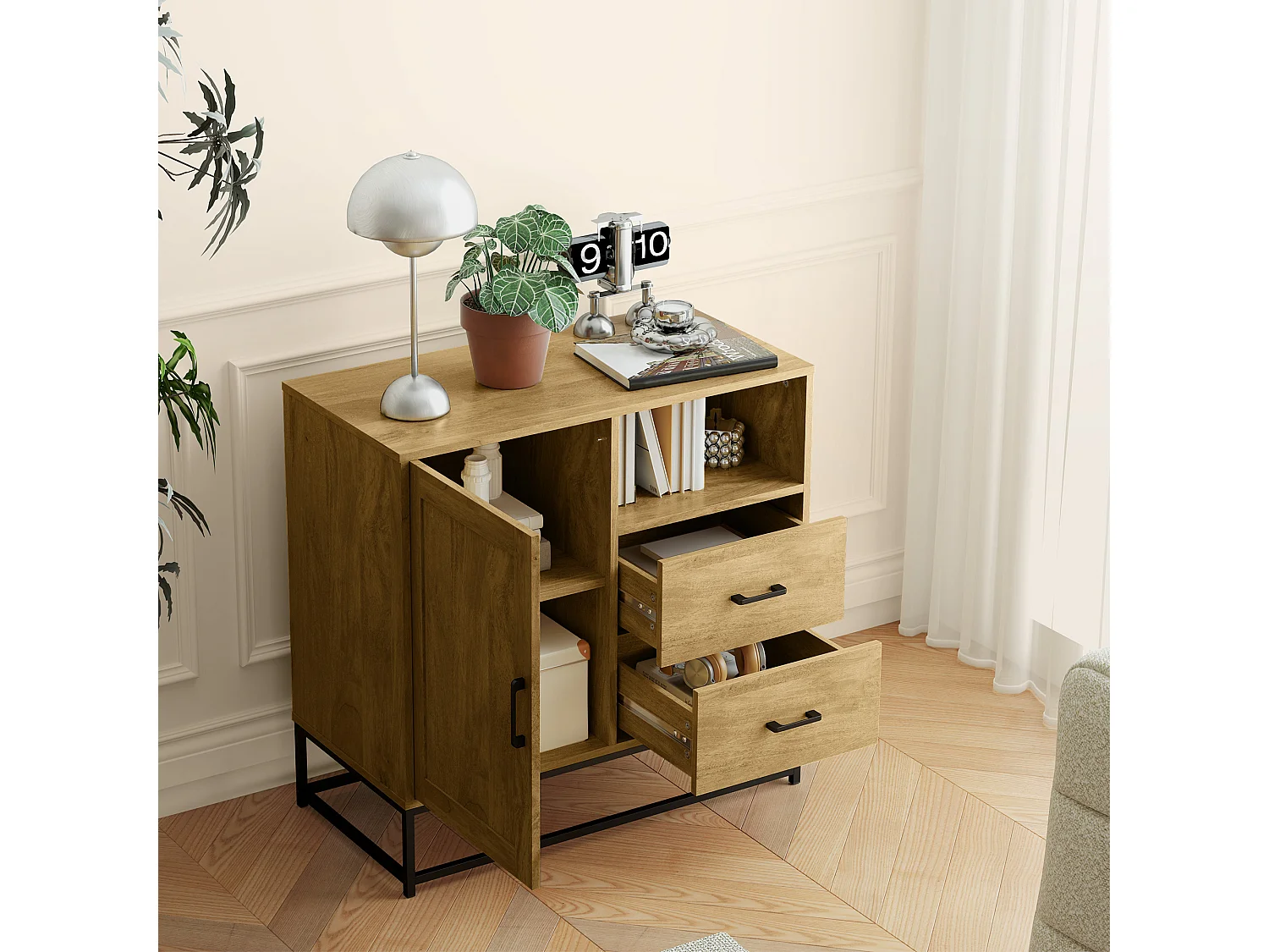 Credenza moderna con 2 cassetti, armadietto e ripiano aperto marrone