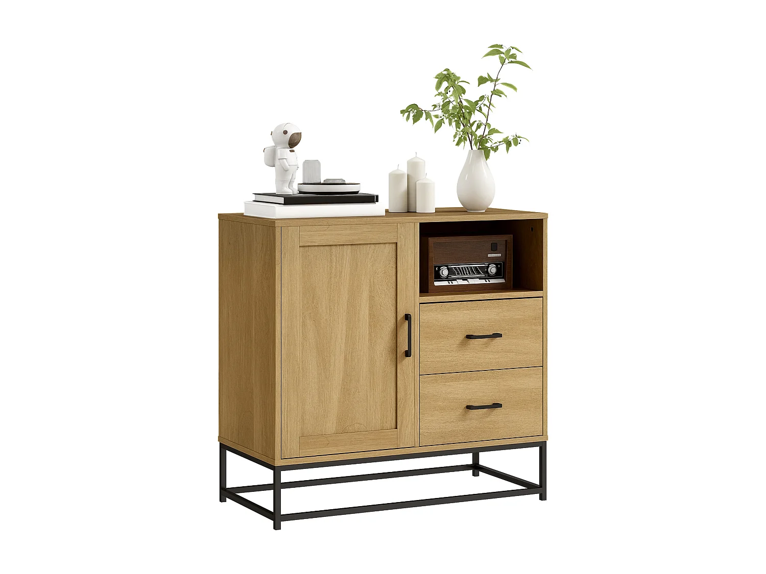 Credenza moderna con 2 cassetti, armadietto e ripiano aperto marrone
