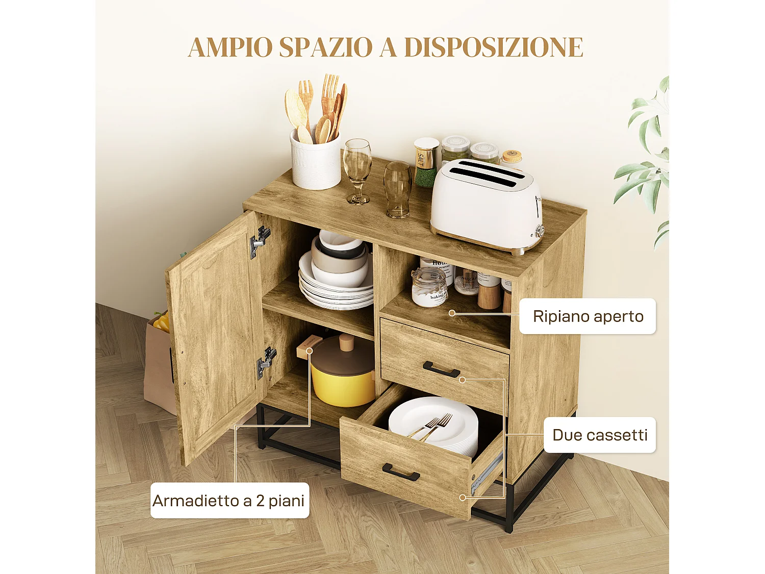 Credenza moderna con 2 cassetti, armadietto e ripiano aperto marrone