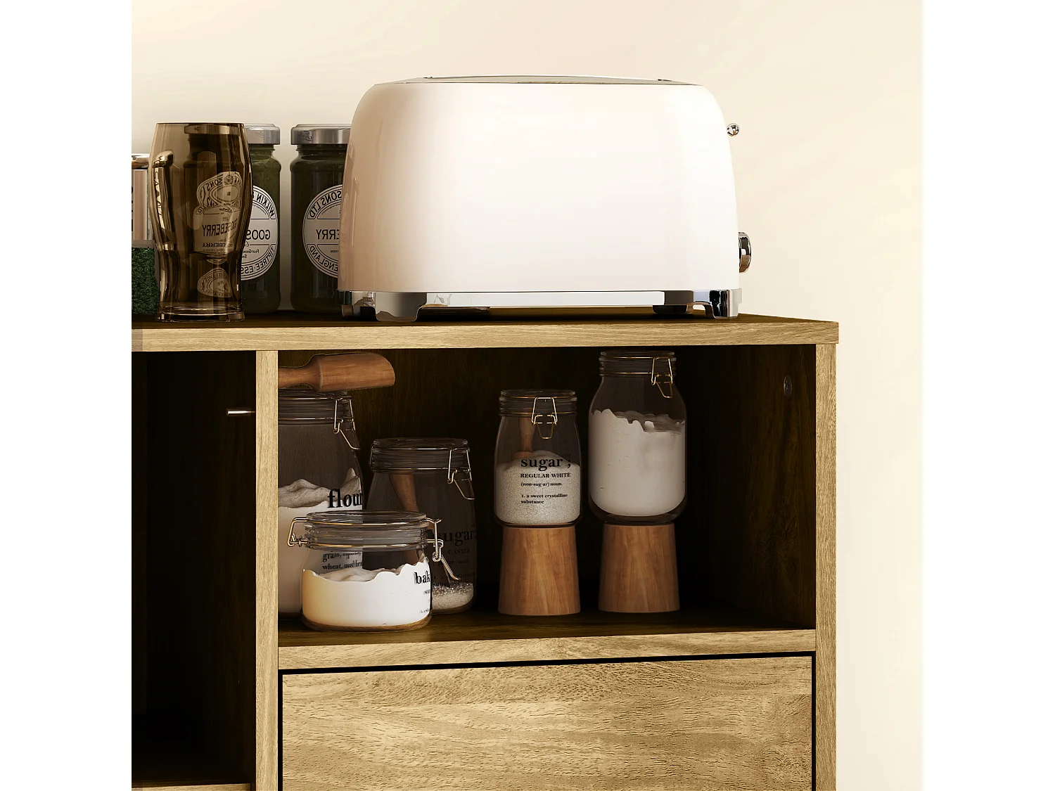 Credenza moderna con 2 cassetti, armadietto e ripiano aperto marrone