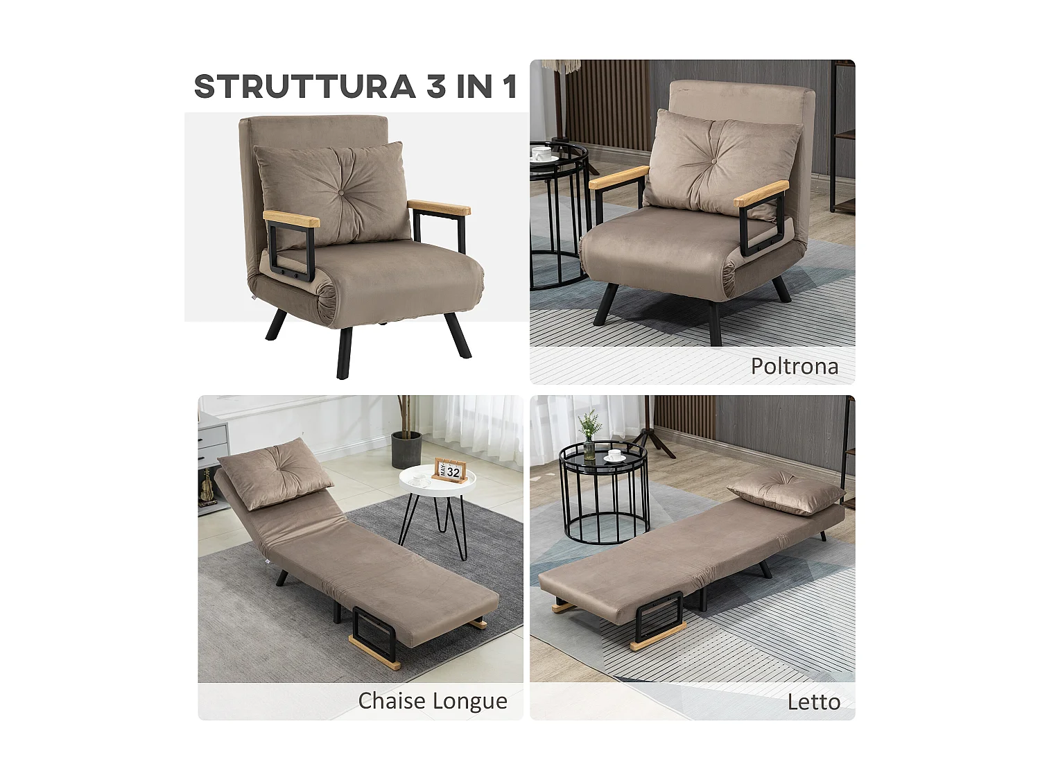 Poltrona letto 3 in 1 con schienale reclinabile grigio chiaro