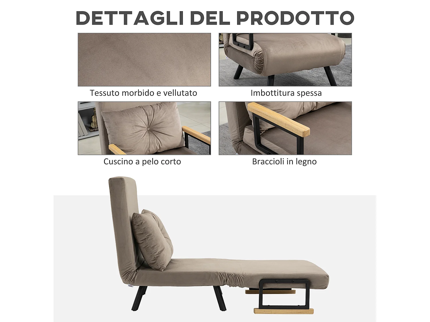 Poltrona letto 3 in 1 con schienale reclinabile grigio chiaro
