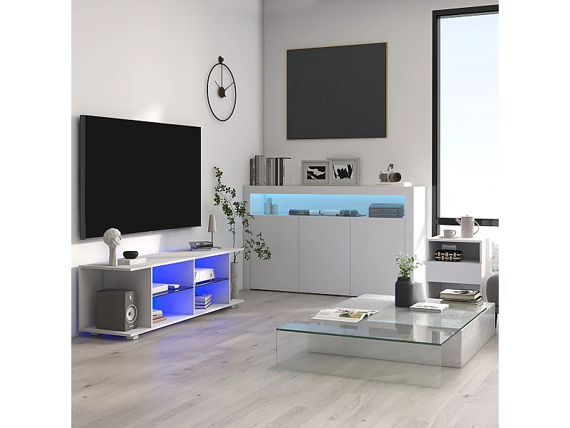 Credenza moderna 3 ante luci led legno bianco 155x40x92cm