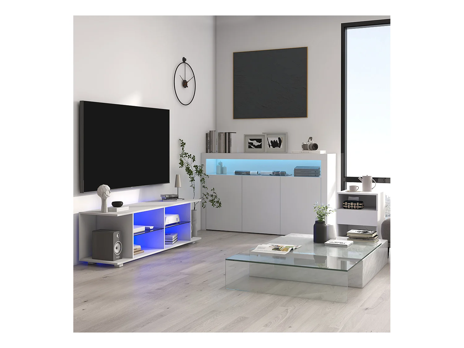 Credenza moderna 3 ante luci led legno bianco 155x40x92cm