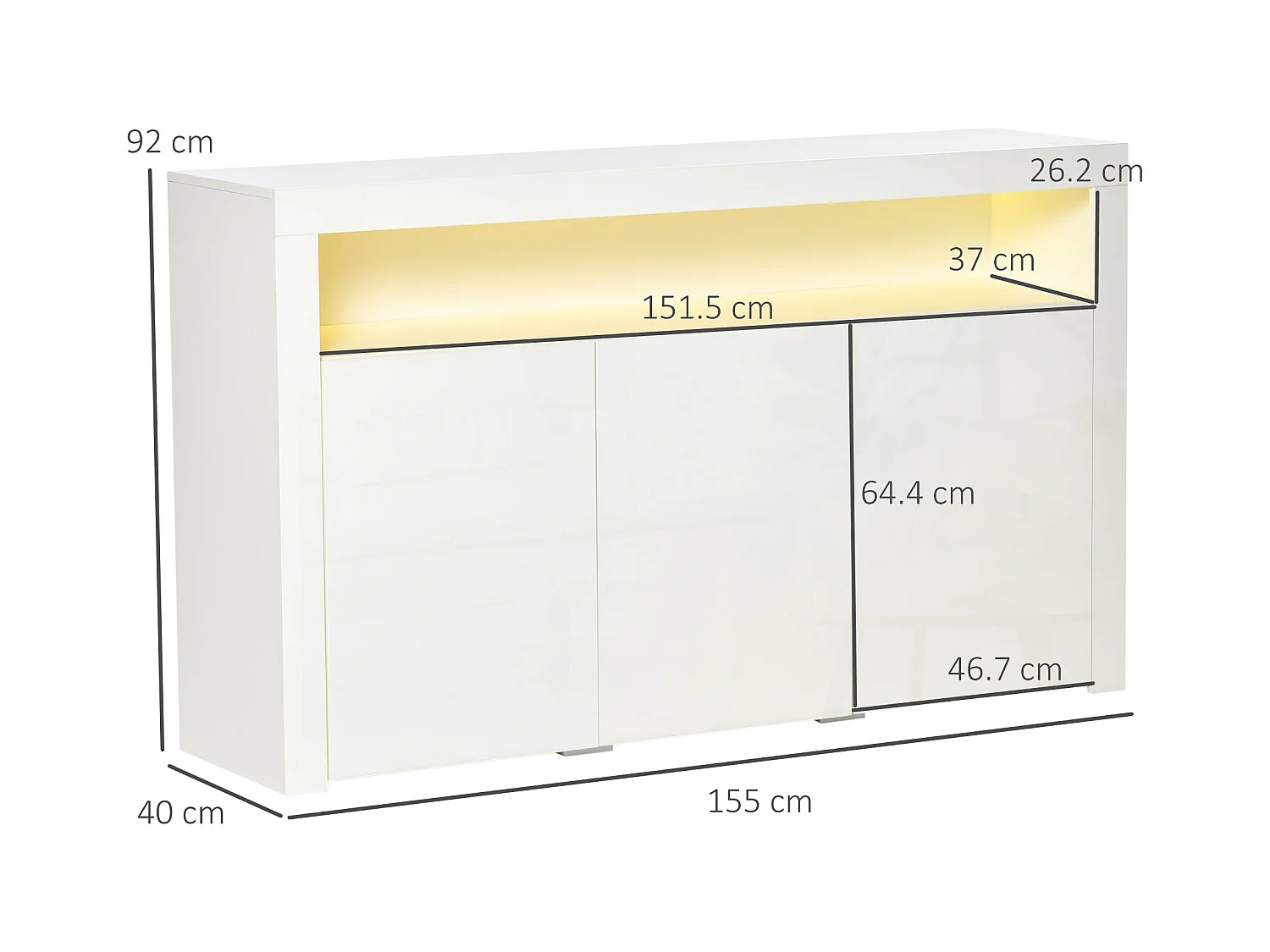 Credenza moderna 3 ante luci led legno bianco 155x40x92cm