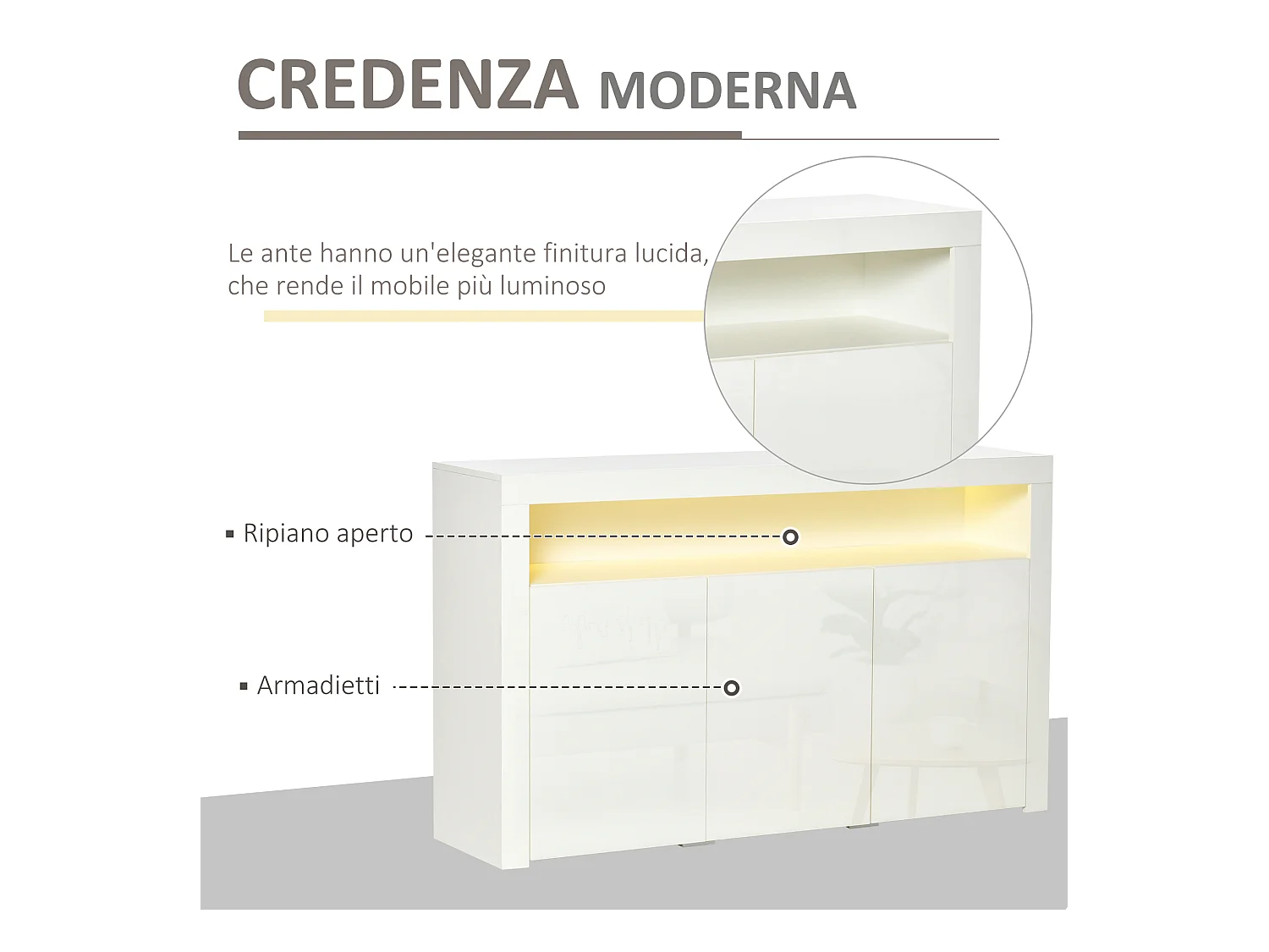 Credenza moderna 3 ante luci led legno bianco 155x40x92cm