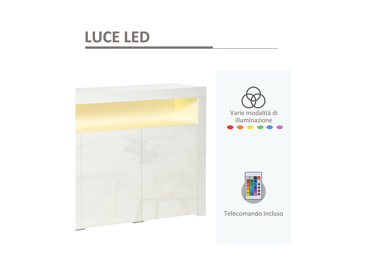 Credenza moderna 3 ante luci led legno bianco 155x40x92cm