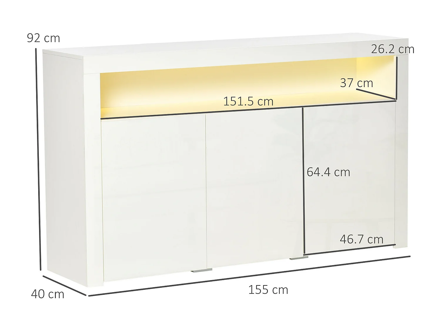 Credenza moderna 3 ante luci led legno bianco 155x40x92cm