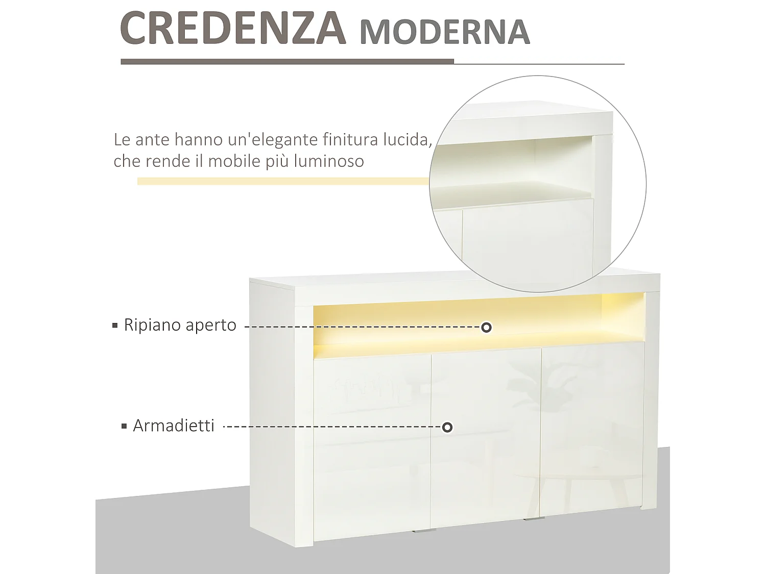 Credenza moderna 3 ante luci led legno bianco 155x40x92cm