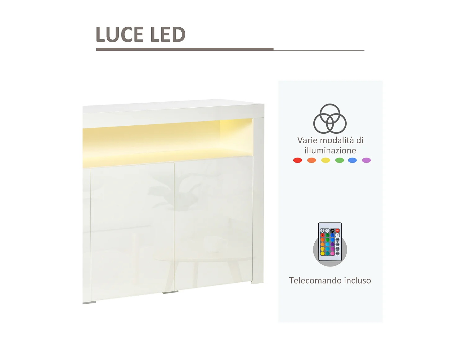Credenza moderna 3 ante luci led legno bianco 155x40x92cm
