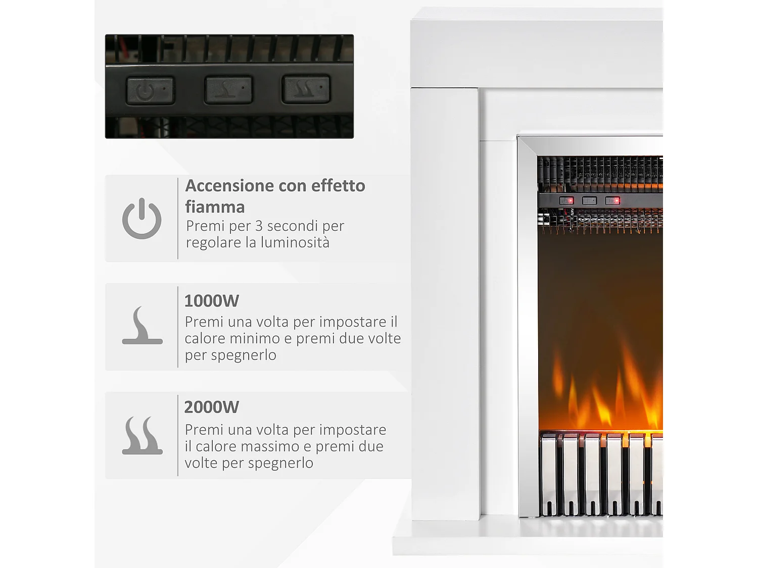 Camino elettrico da terra con effetto fiamma 79x26x77.5cm