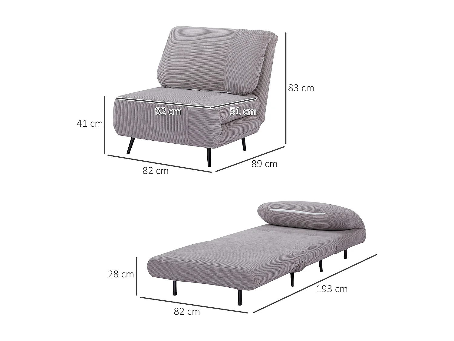 Poltrona letto 2 in 1 regolabile su 3 livelli seduta imbottita