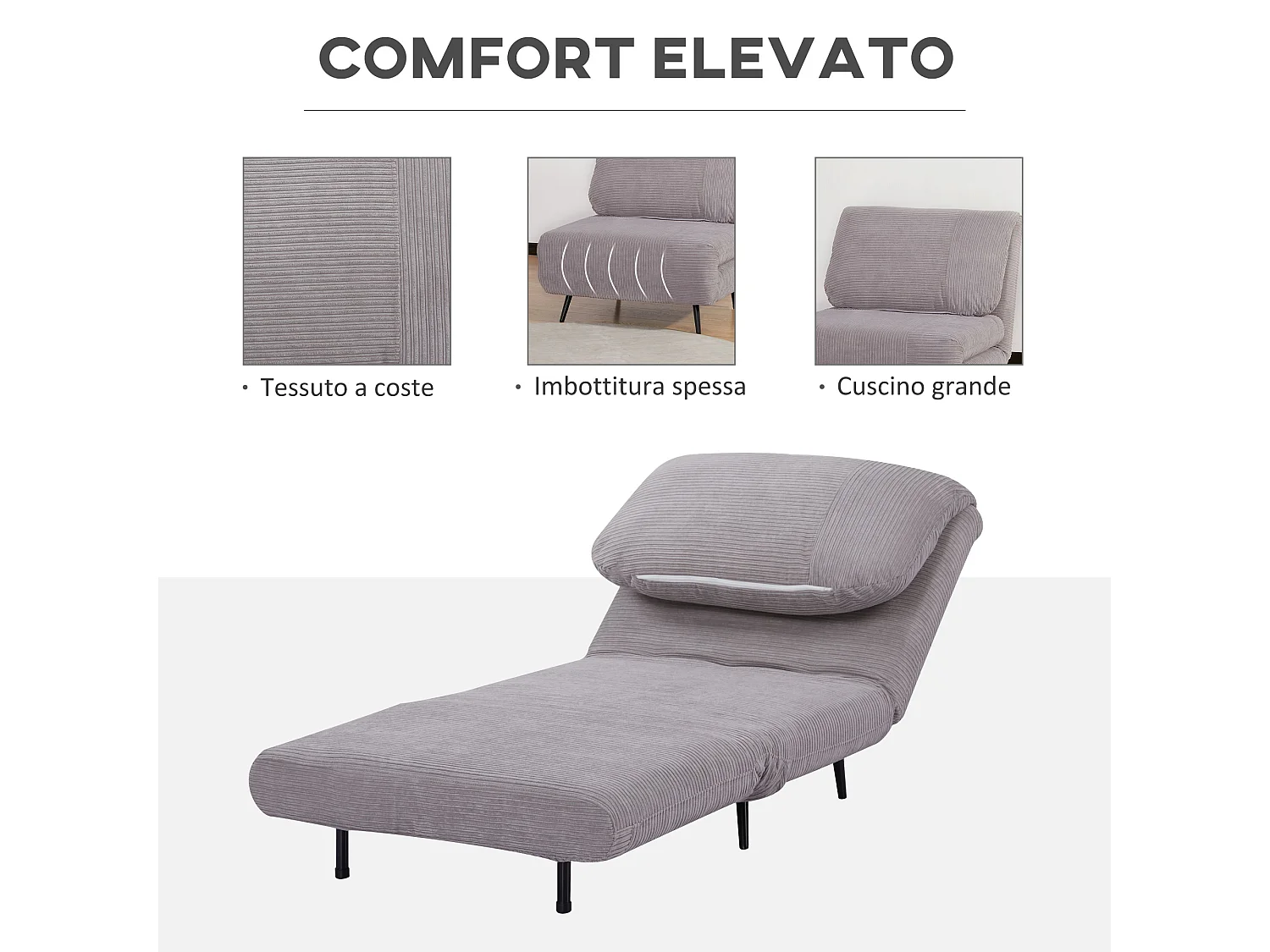 Poltrona letto 2 in 1 regolabile su 3 livelli seduta imbottita