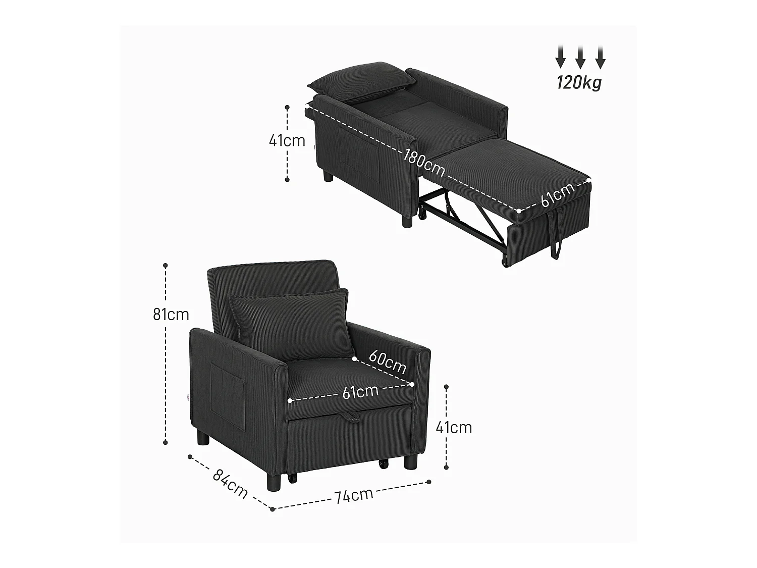 Poltrona letto 3 in 1 reclinabile con tasche laterali grigio scuro