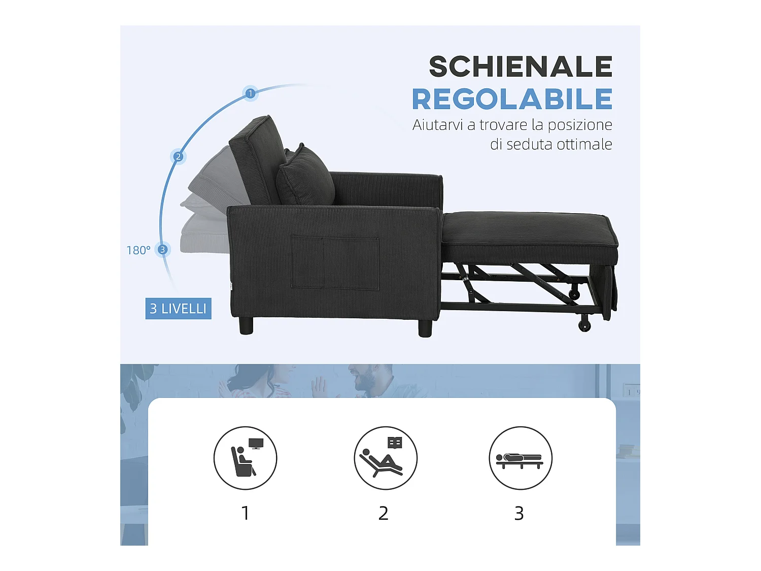 Poltrona letto 3 in 1 reclinabile con tasche laterali grigio scuro