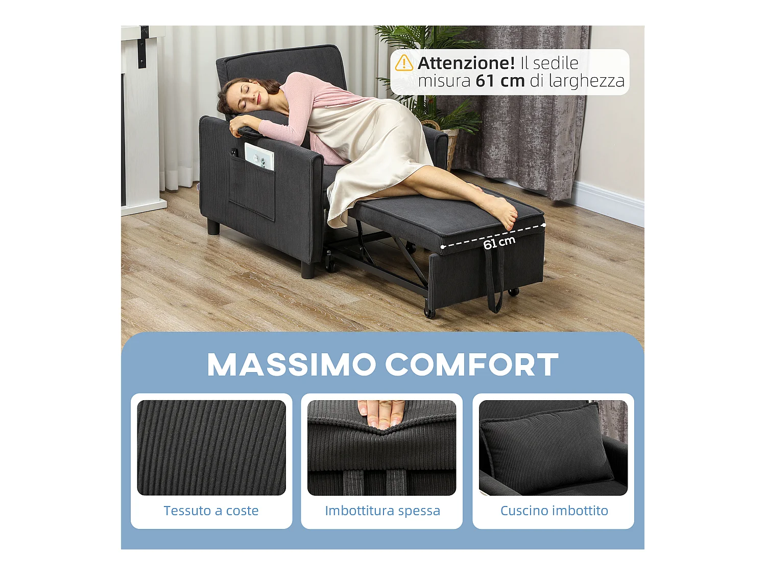 Poltrona letto 3 in 1 reclinabile con tasche laterali grigio scuro