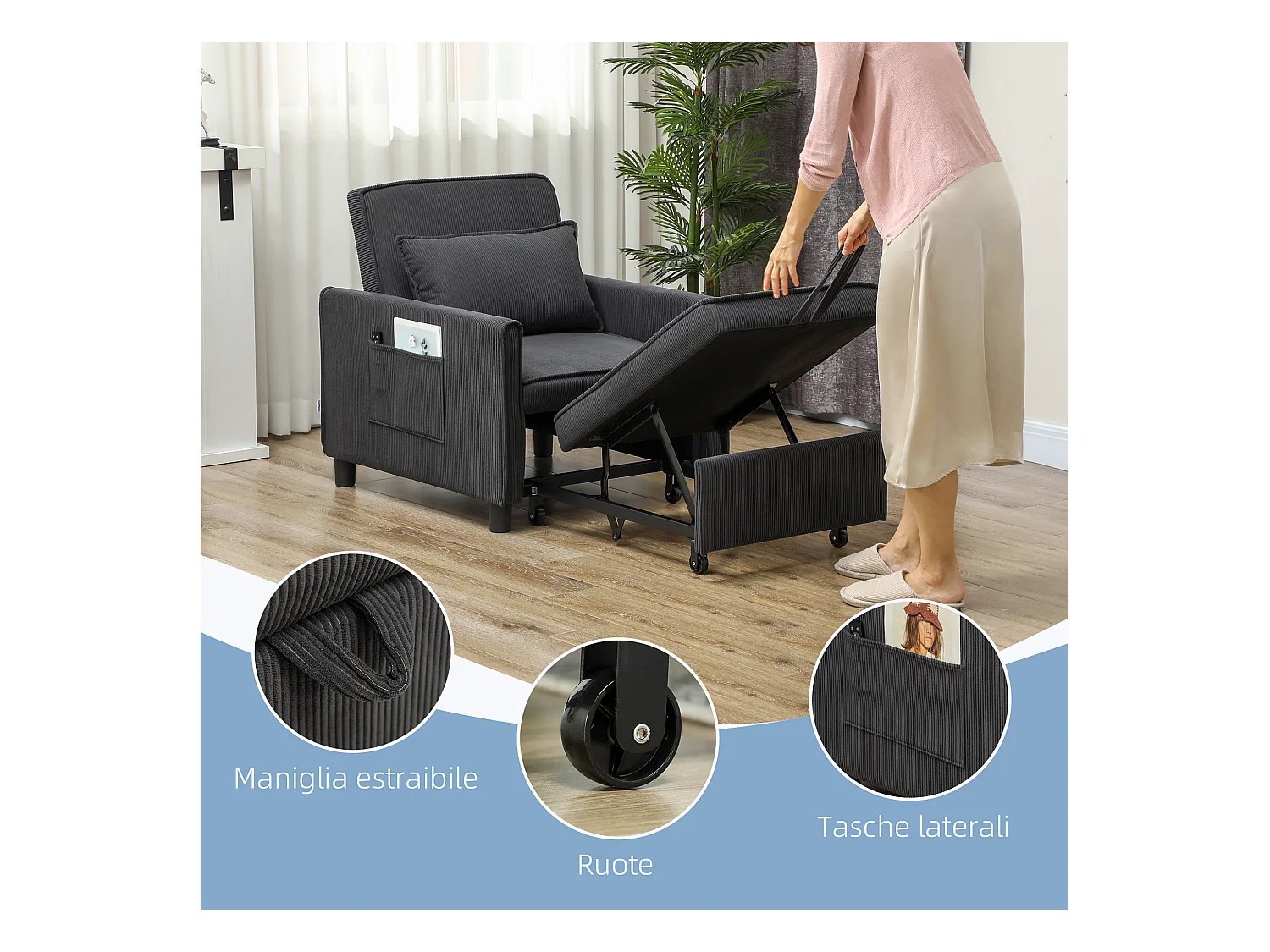 Poltrona letto 3 in 1 reclinabile con tasche laterali grigio scuro