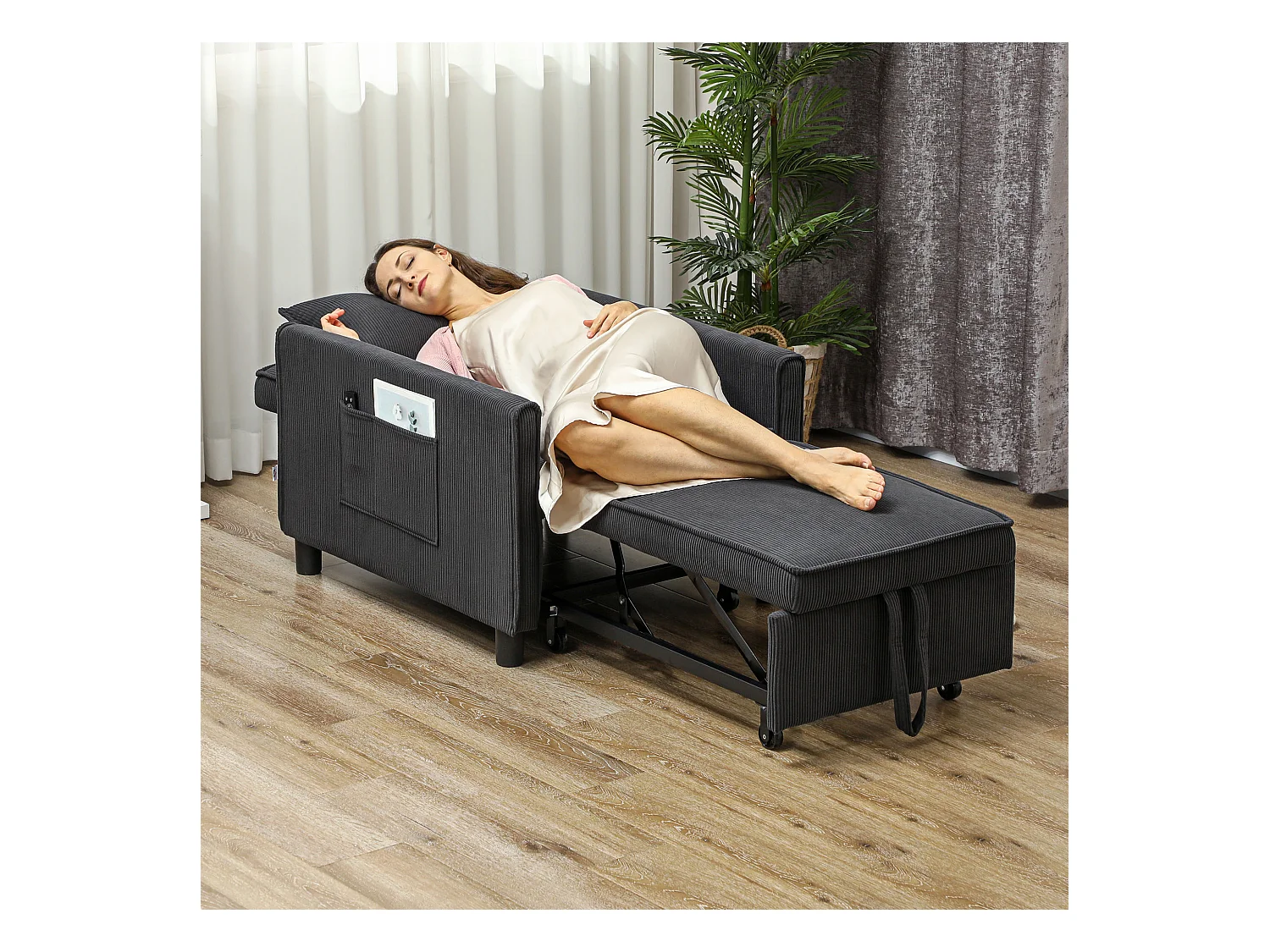 Poltrona letto 3 in 1 reclinabile con tasche laterali grigio scuro