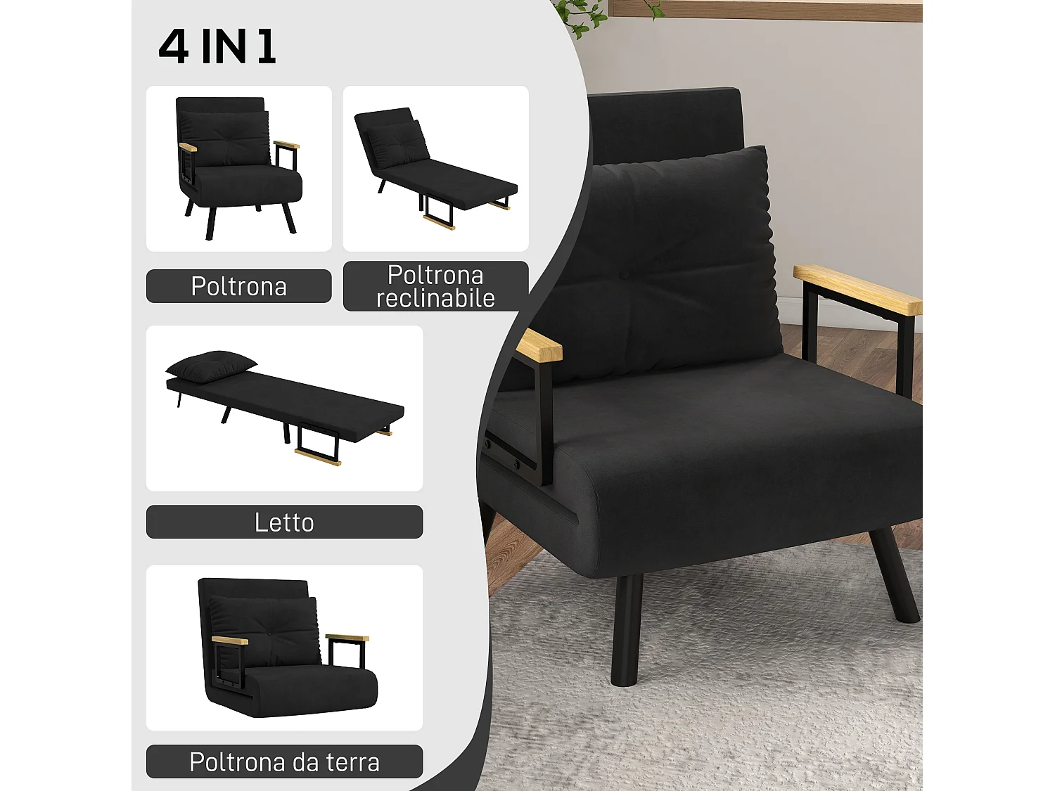 Poltrona letto singolo 3 in 1 con schienale reclinabile nero