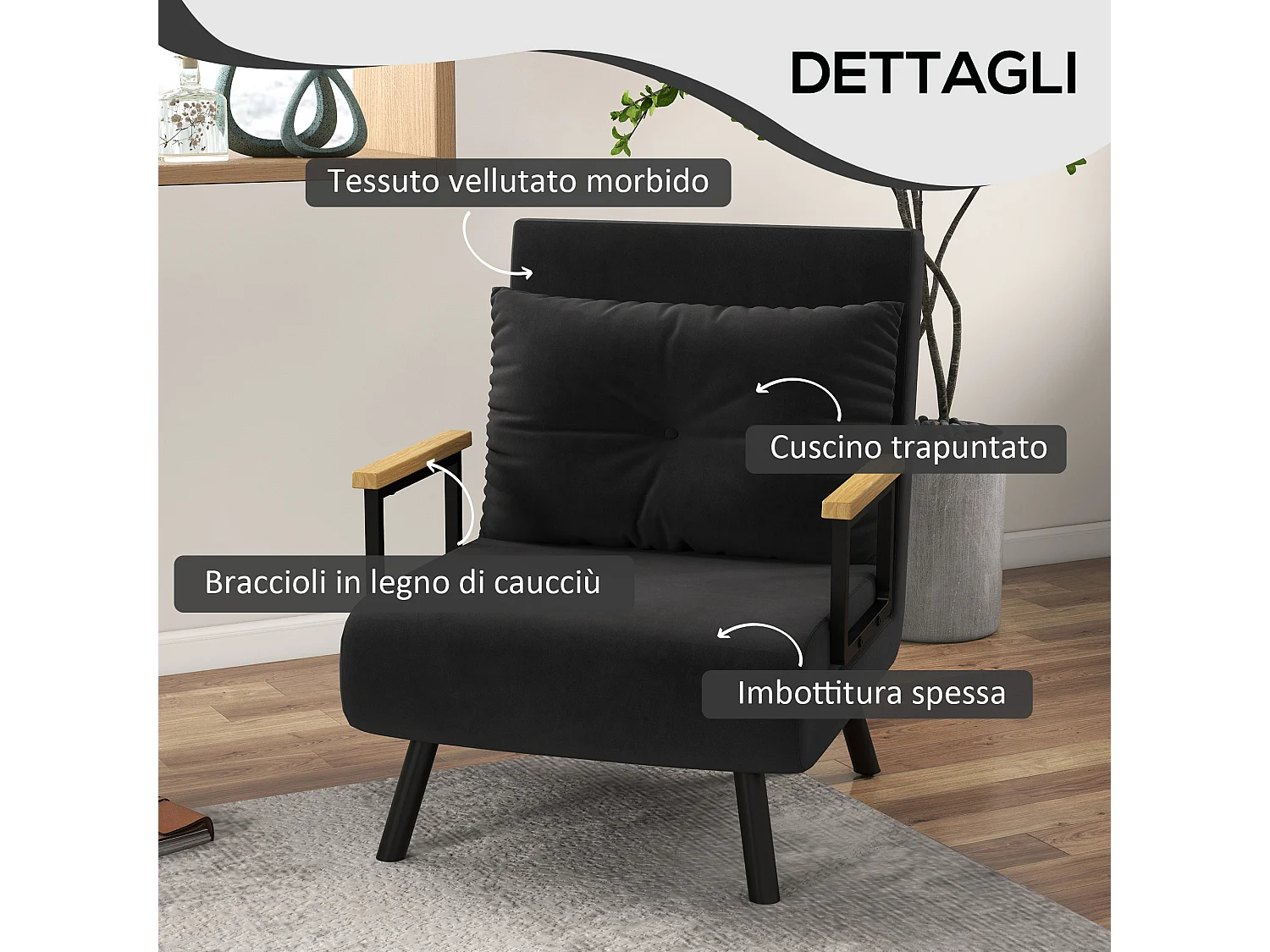 Poltrona letto singolo 3 in 1 con schienale reclinabile nero