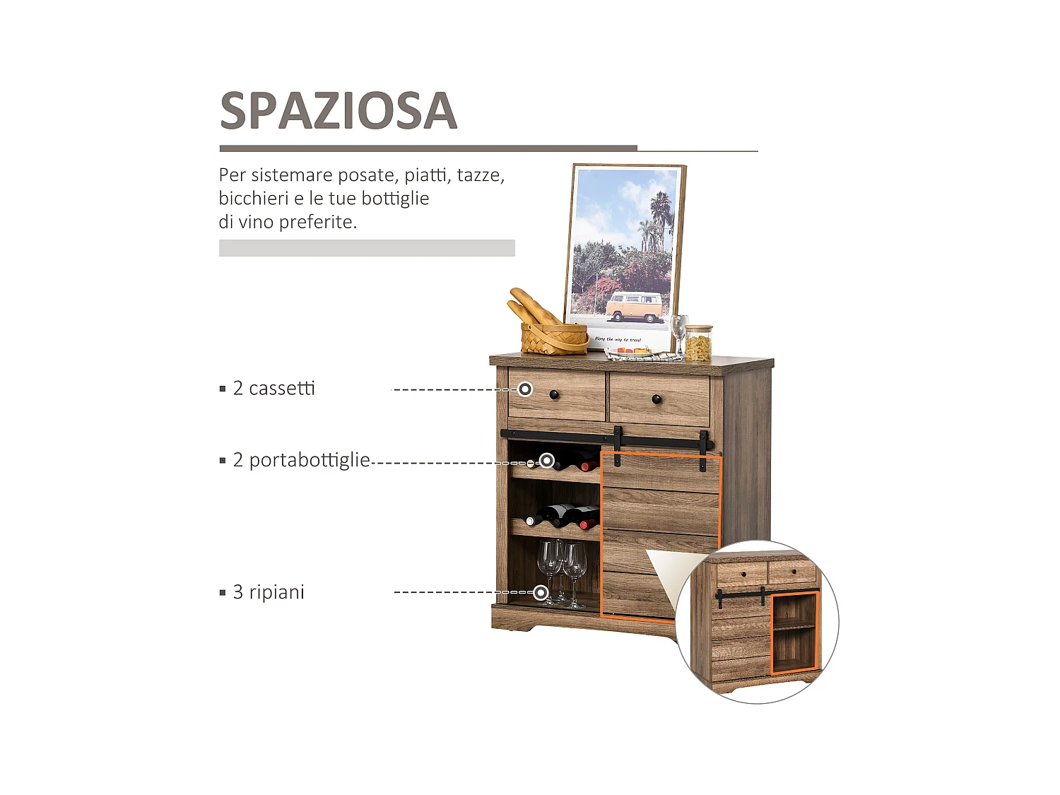 Credenza cucina stile industriale con 2 cassetti e portabottiglie