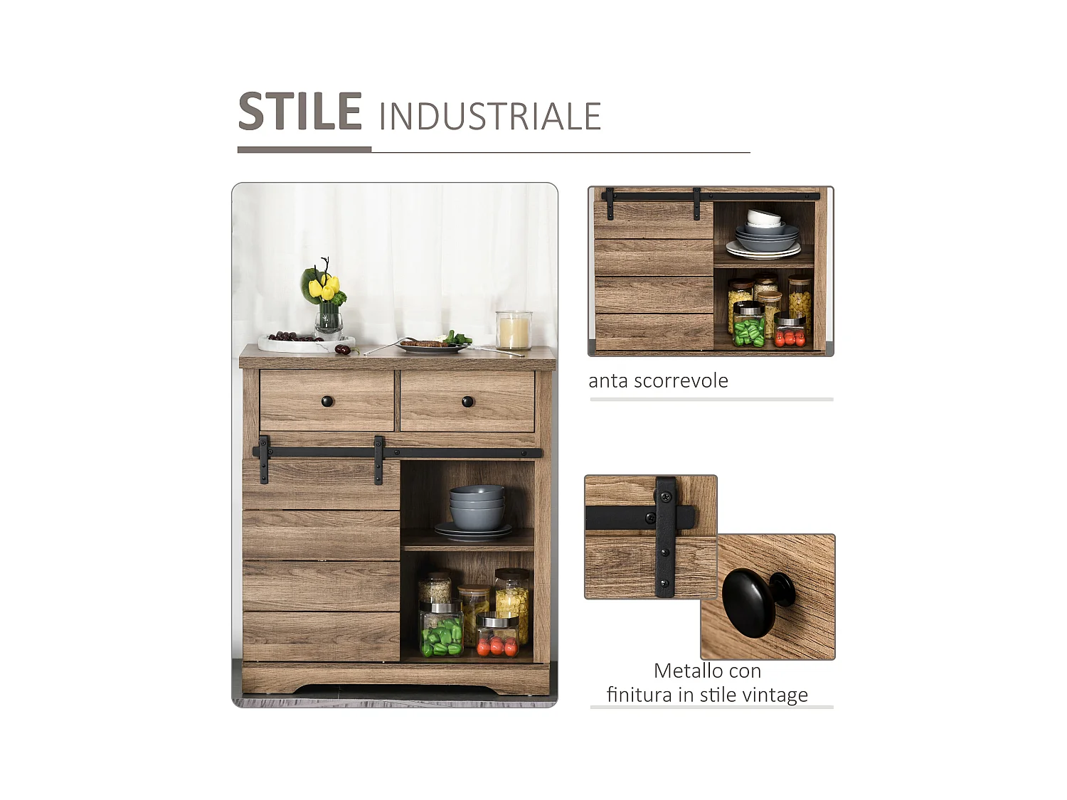 Credenza cucina stile industriale con 2 cassetti e portabottiglie
