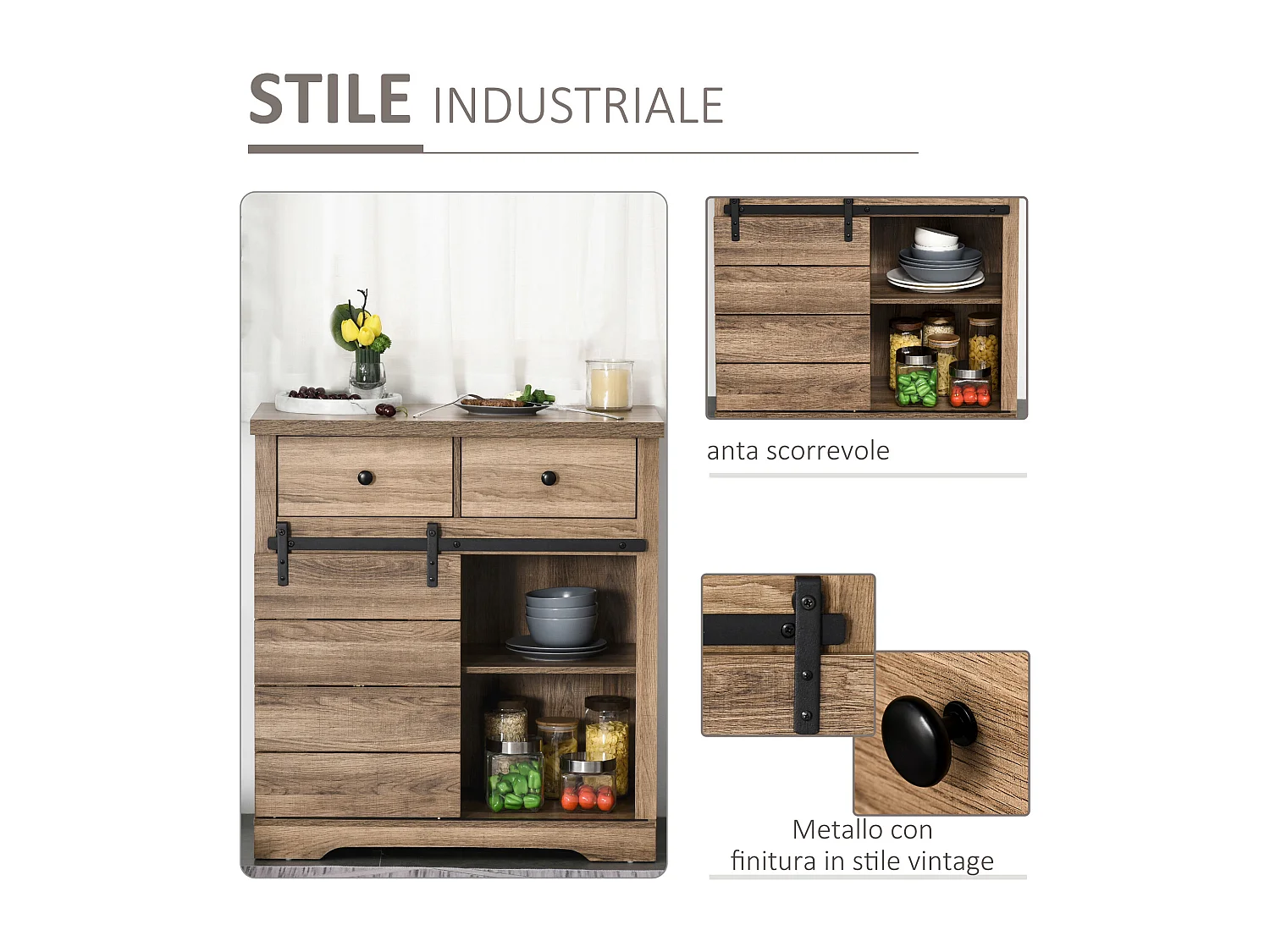 Credenza cucina stile industriale con 2 cassetti e portabottiglie