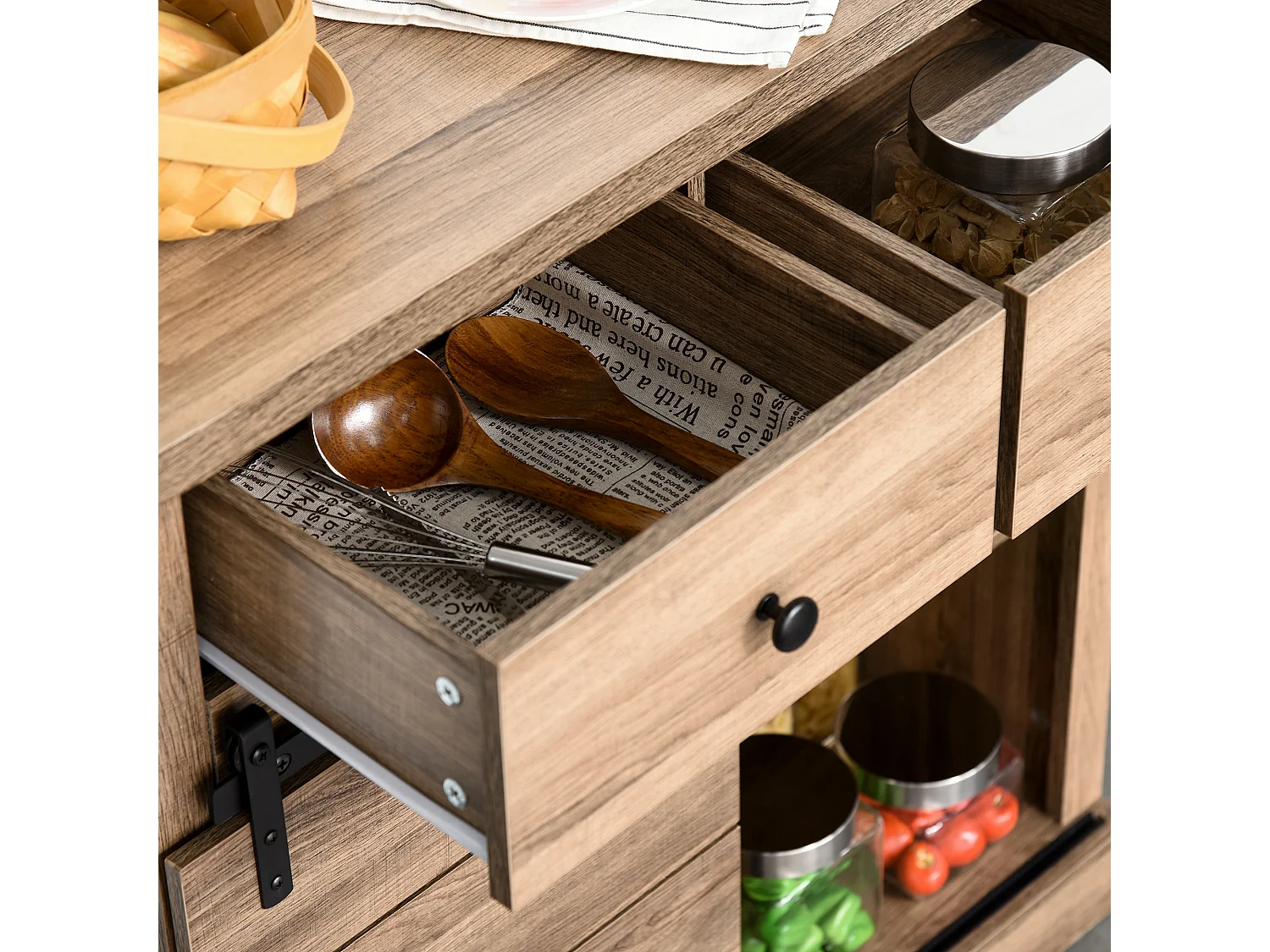 Credenza cucina stile industriale con 2 cassetti e portabottiglie