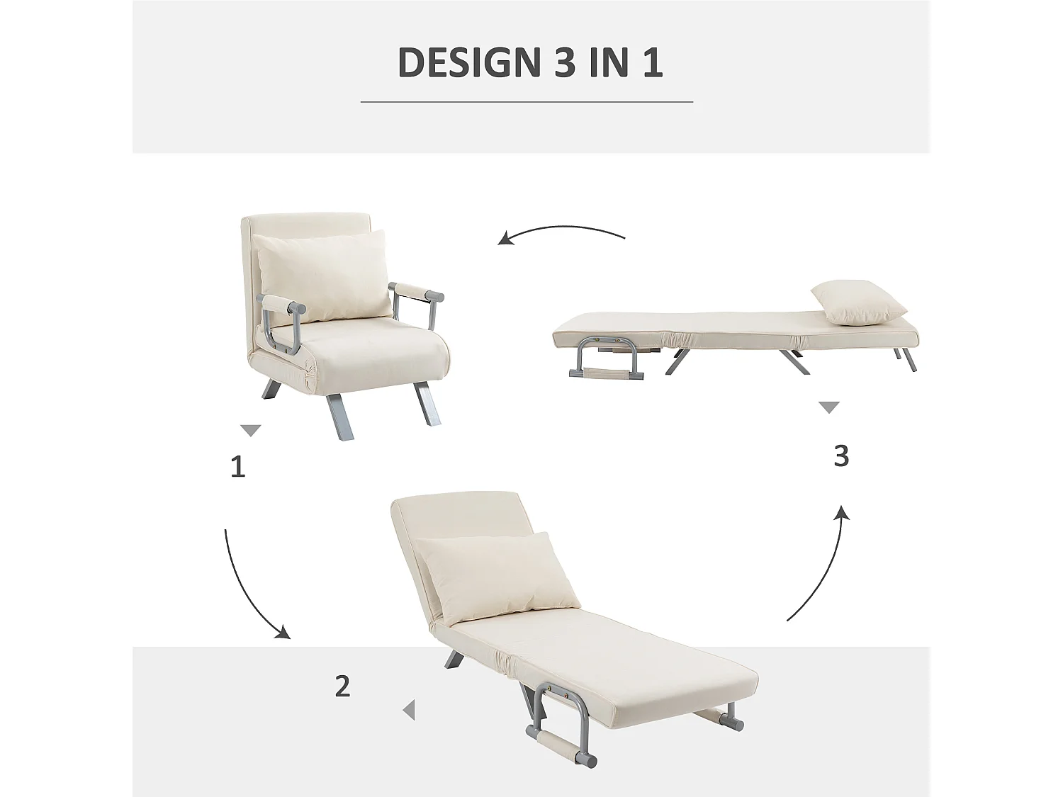 HOMCOM Poltrona Letto 1 Piazza Schienale Regolabile 5 Posizioni Beige