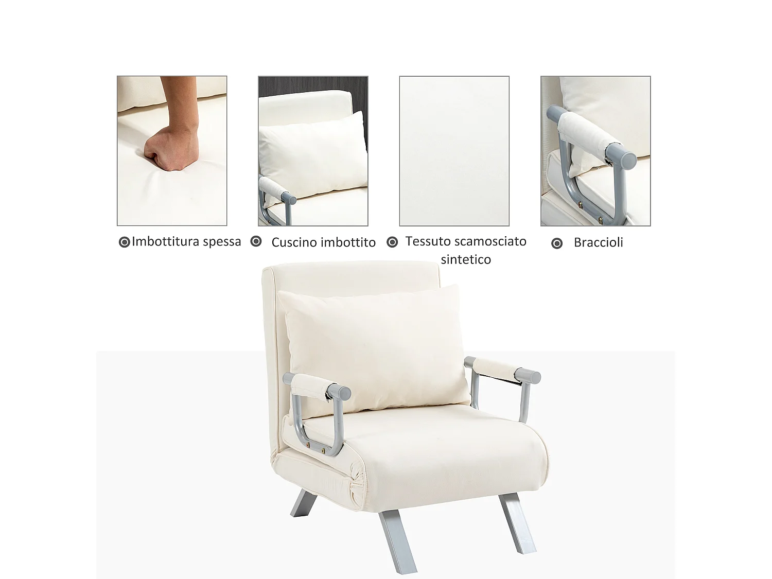 HOMCOM Poltrona Letto 1 Piazza Schienale Regolabile 5 Posizioni Beige