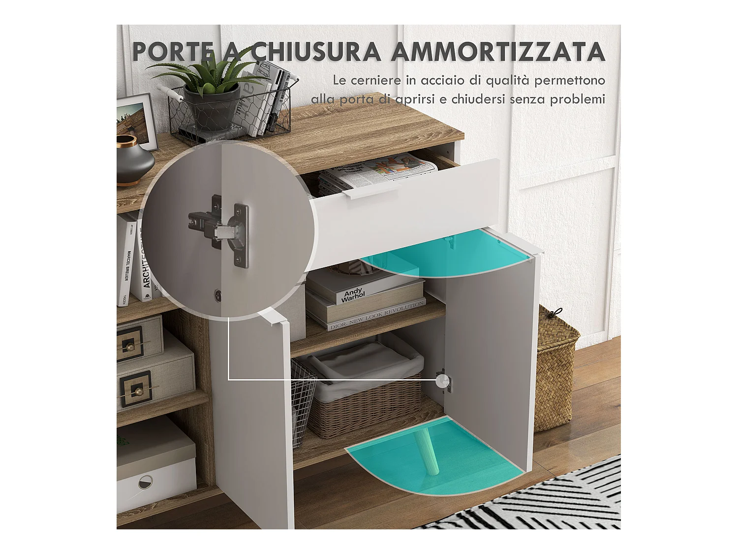 Mobile multiuso con 3 ripiani aperti armadietto e cassetto