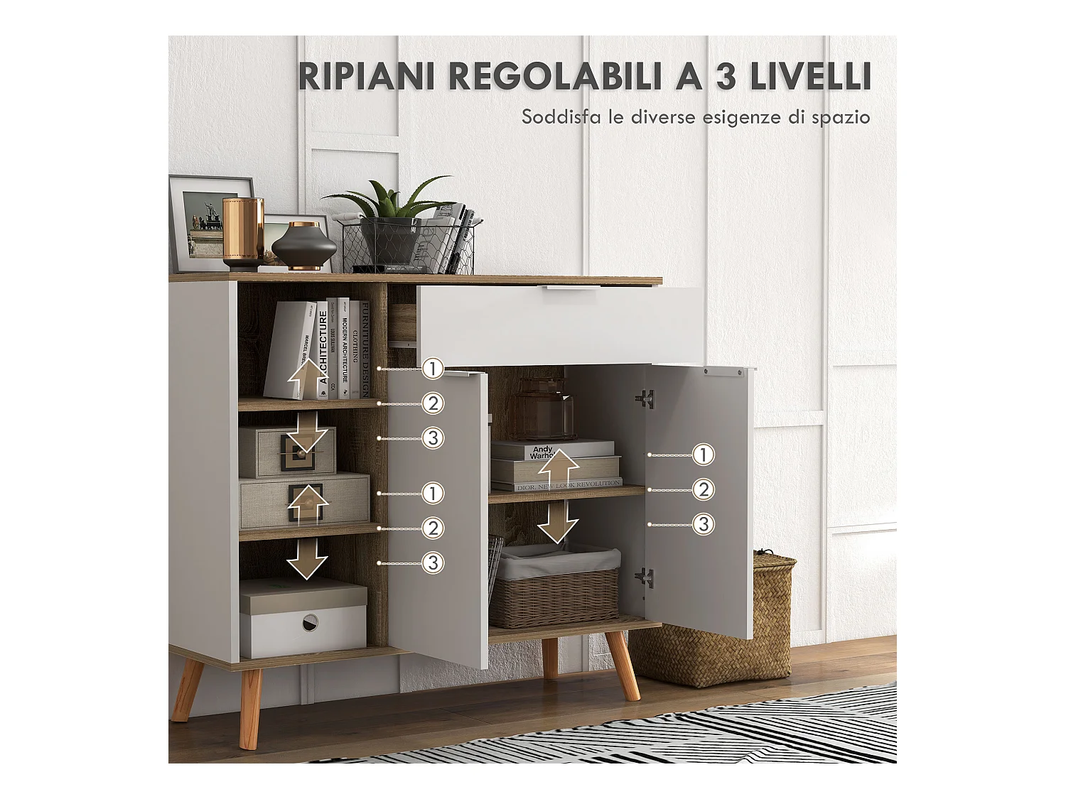 Mobile multiuso con 3 ripiani aperti armadietto e cassetto