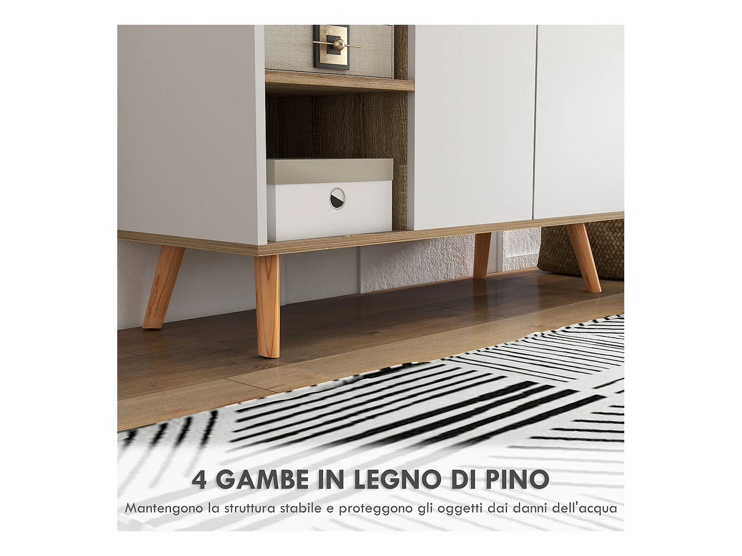 Mobile multiuso con 3 ripiani aperti armadietto e cassetto