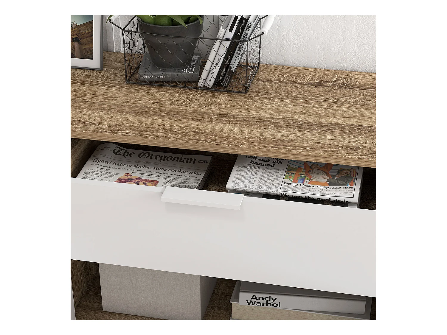 Mobile multiuso con 3 ripiani aperti armadietto e cassetto