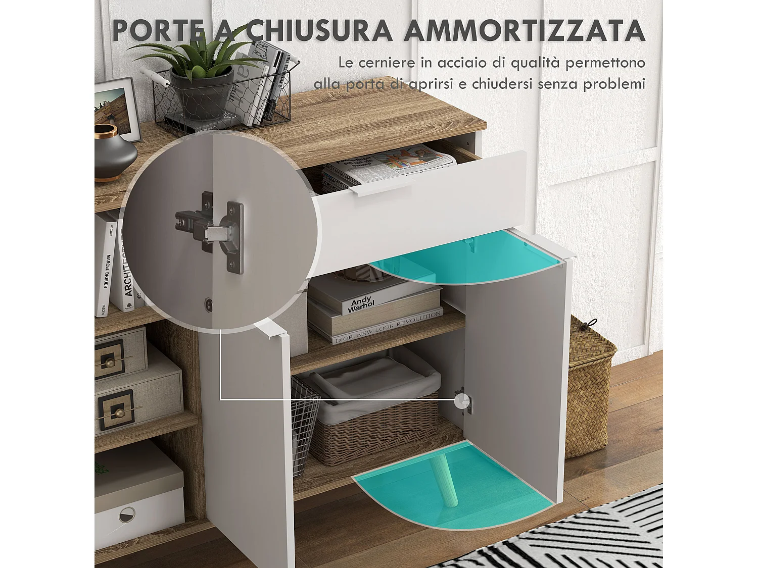 Mobile multiuso con 3 ripiani aperti armadietto e cassetto