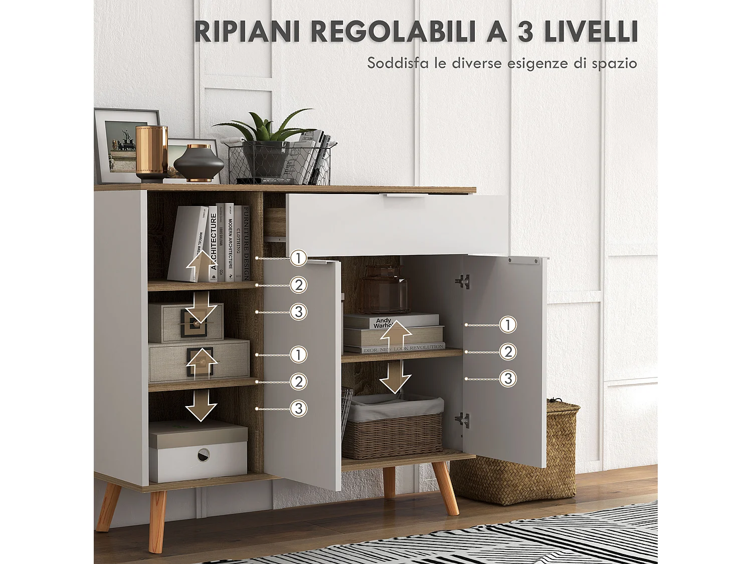 Mobile multiuso con 3 ripiani aperti armadietto e cassetto